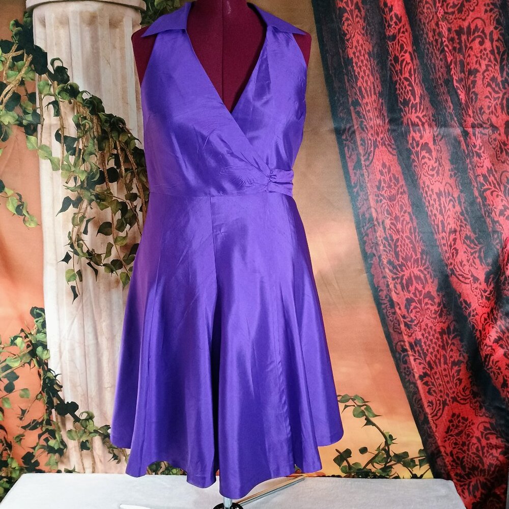 EUC Lauren Ralph Lauren Sz 10 Purple 100% Silk Halter V-Neck Cocktail Wrap Dress